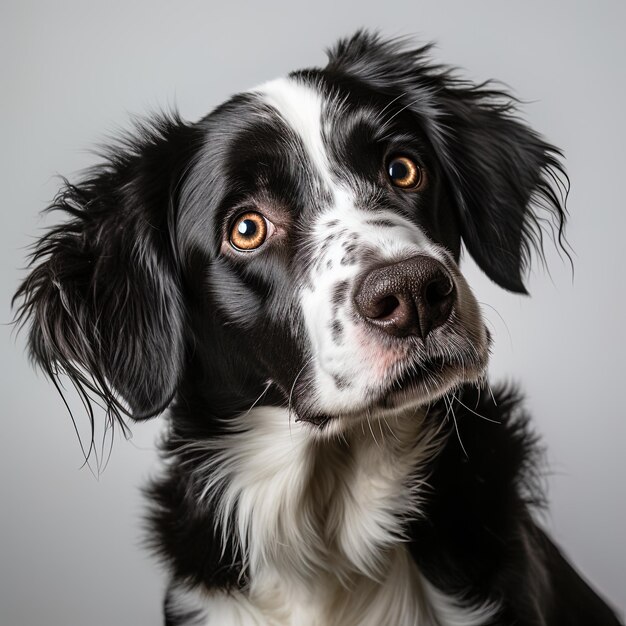 un perro con ojos marrones y un pelaje negro y blanco