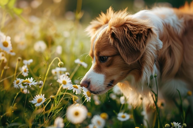 El perro olfateando las flores