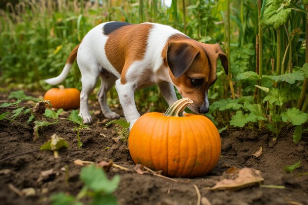 Un perro olfateando una pequeña calabaza en el suelo