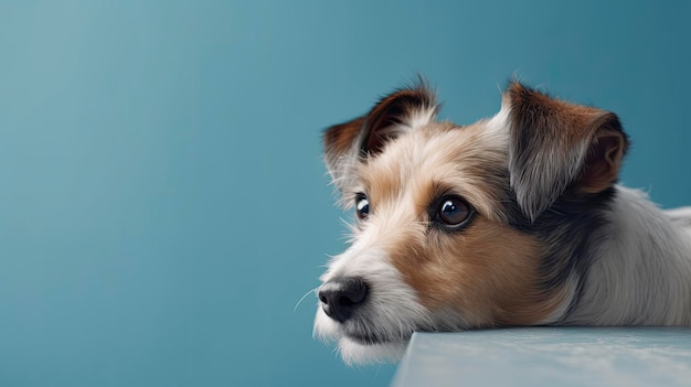 Un perro con orejas grandes y fondo azul.