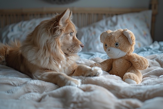 un perro y un oso de peluche están en una cama