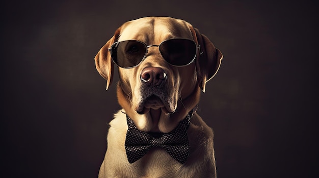 Un perro con pajarita y gafas posa para una foto.