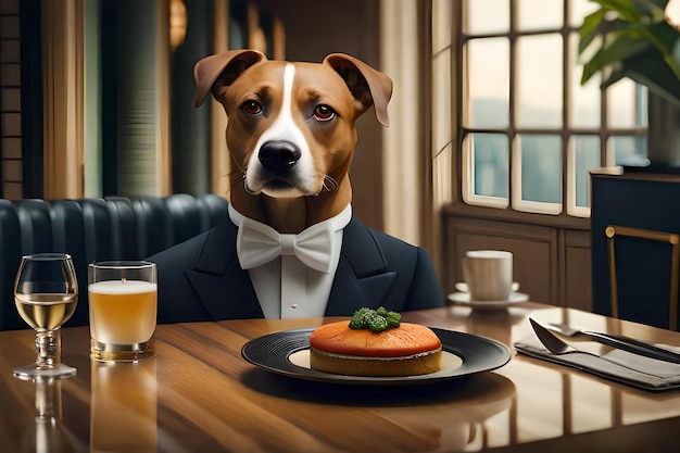 Un perro con una pajarita se sienta en una mesa con un plato de comida y un vaso de cerveza.