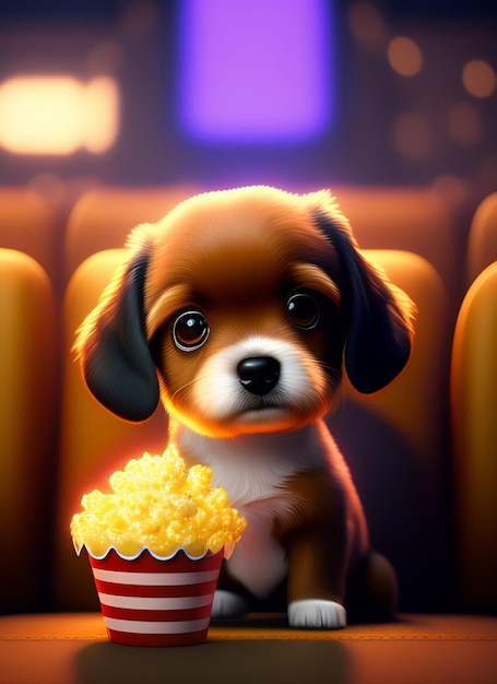 Un perro y palomitas de maíz en un cine.