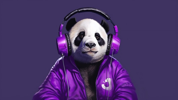 Un perro panda con una chaqueta púrpura y auriculares