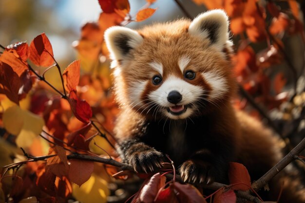 Perro de panda rojo jugando en el árbol generativo IA