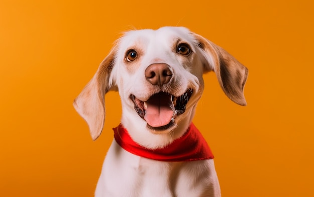 Foto un perro con un pañuelo rojo se sienta frente a un fondo naranja.