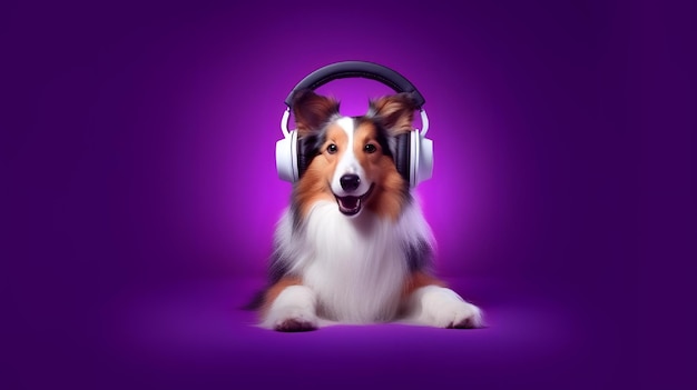 Un perro con un par de auriculares puestos y un fondo morado.