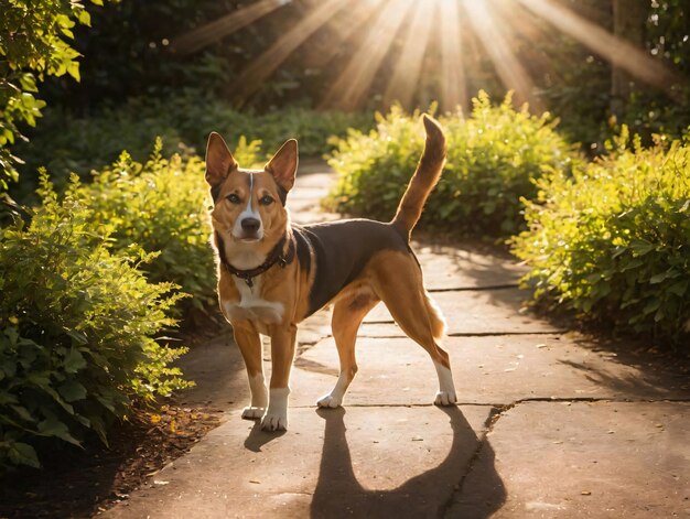 Un perro parado en un camino bajo el sol.