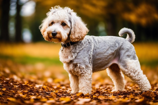 Un perro parado en un parque con hojas en el suelo.