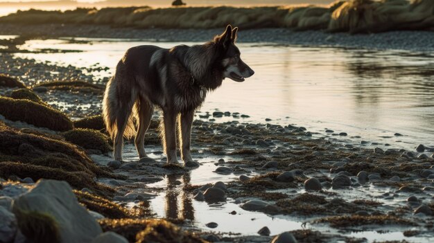 Un perro parado en una playa rocosa