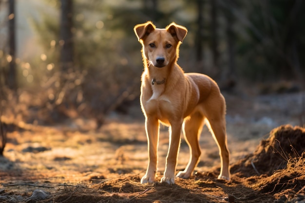 un perro parado en la tierra del bosque