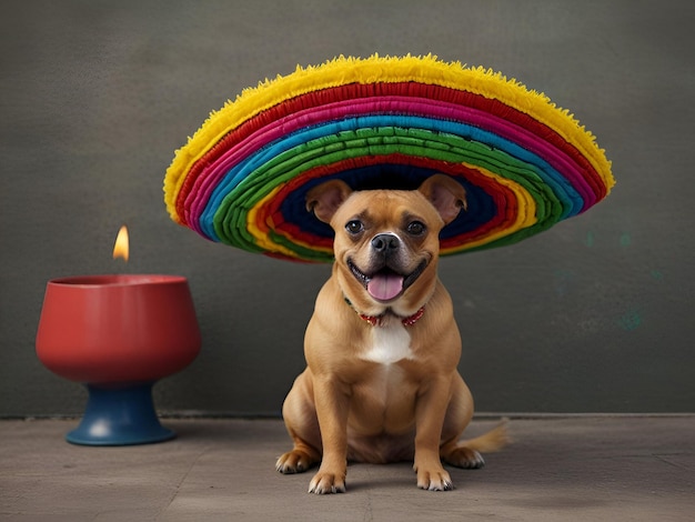 un perro con un paraguas de arco iris en la cabeza se sienta en una mesa