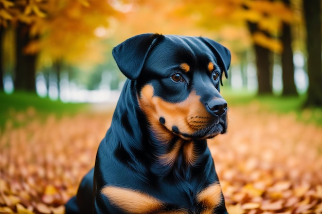 Un perro en un parque con hojas de otoño en el suelo.