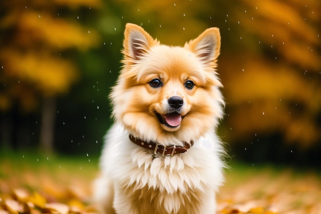 Un perro en un parque con hojas de otoño en el suelo.