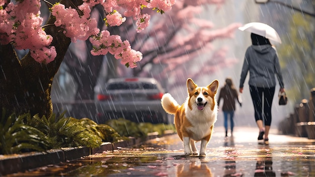 Perro paseando en el jardín de flores