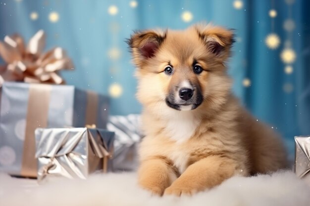 Perro de pastor alemán acostado en una manta blanca entre regalos dorados cortina azul en el fondo