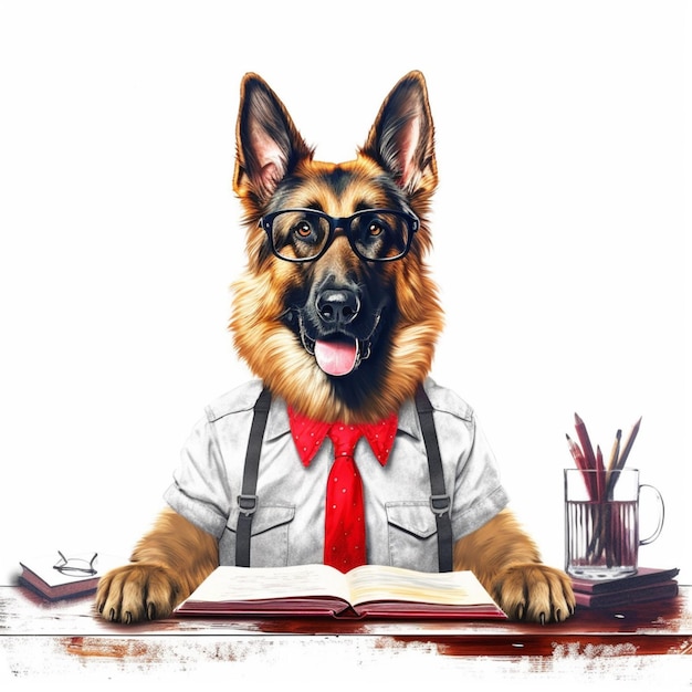 Perro pastor alemán arafed con gafas y corbata roja sentado en un escritorio con un libro y lápices ai generativo