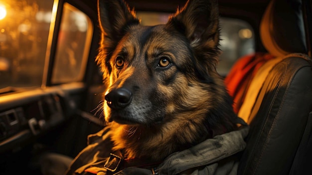 Perro pastor alemán en un automóvil durante el día de viaje generado por ai