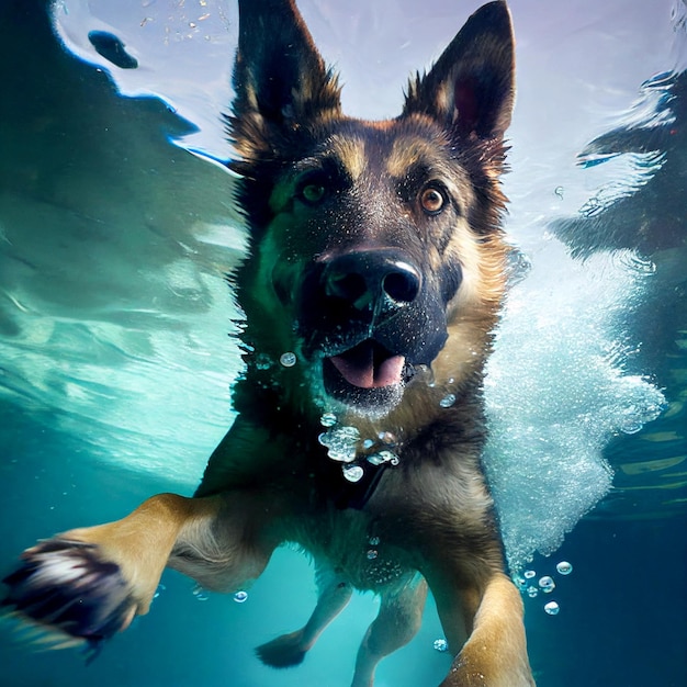 El perro pastor alemán está buceando bajo el agua nadando en las aguas de la piscina azul una mascota divertida saltó al mar mirando a la cámara vista frontal del perro rescatador