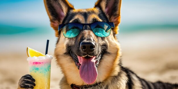 El perro pastor alemán está de vacaciones de verano en un balneario y descansando en la playa de verano de Hawai