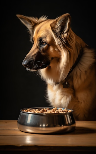 Foto un perro pastor alemán mirando un plato de comida para perros.