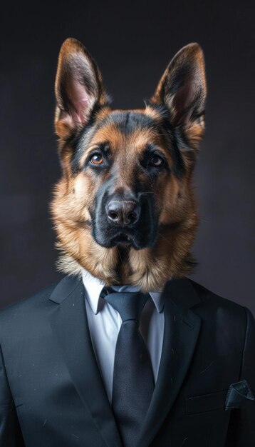 Foto perro pastor alemán posando en un sofisticado traje negro y corbata con un comportamiento profesional