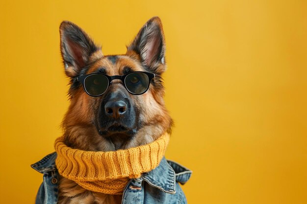 Perro pastor alemán con ropa y gafas de sol en fondo amarillo