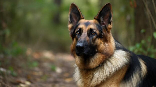 Un perro pastor alemán se sienta en el bosque.