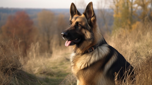 Un perro pastor alemán se sienta en un campo en otoño.