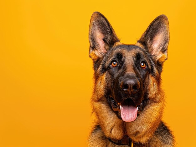 Perro pastor alemán sobre un fondo amarillo naranja