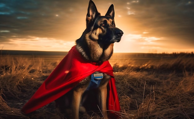 perro pastor alemán superhéroe vestido con capa