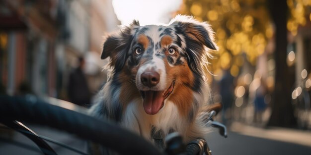 El perro pastor australiano se divierte en bicicleta el día del sol por la mañana en verano en la calle de la ciudad