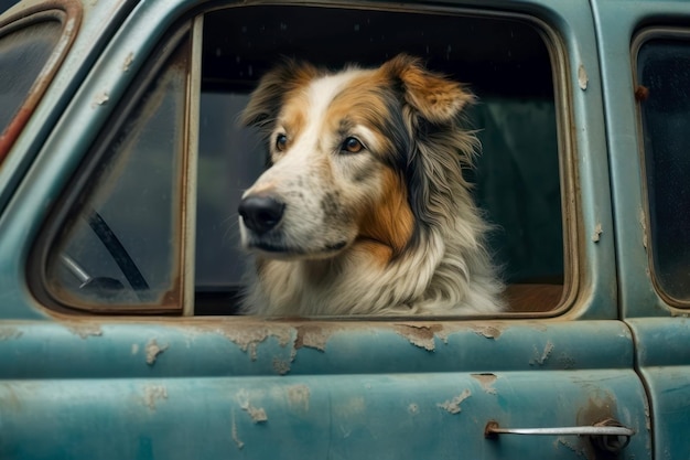 Perro pastor australiano mirando por la ventana de un coche viejo