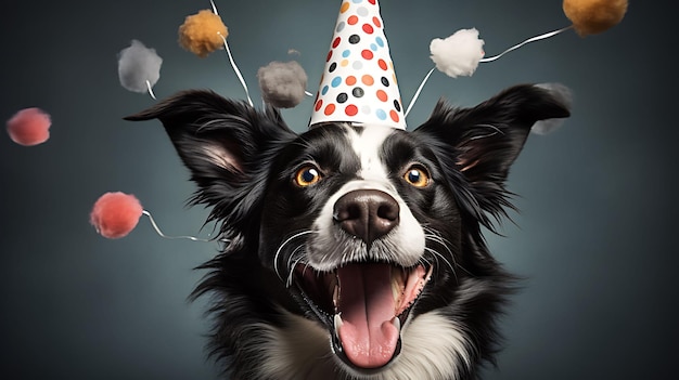 Perro pastor gracioso con sombrero de fiesta de cumpleaños en el fondo