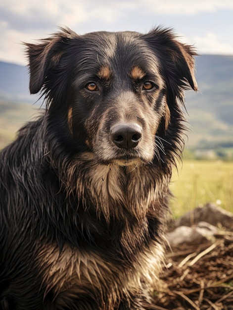 Foto perro pastor de la granja con la captura del paisaje en el fondo