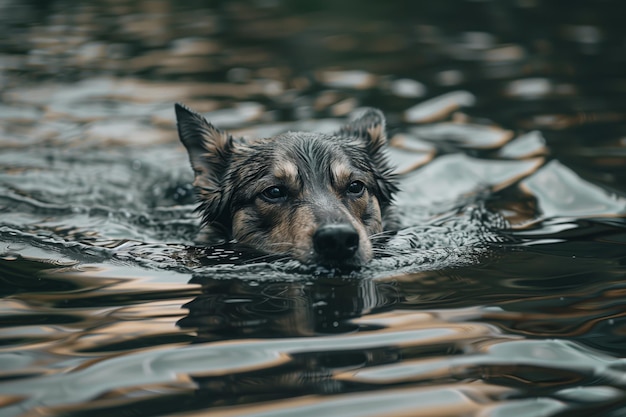 El perro pastor nadando a través del estanque reflectante