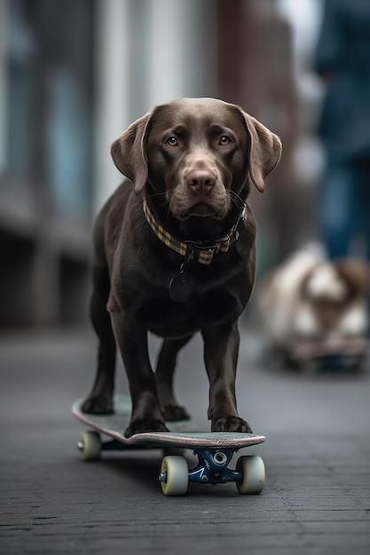 Un perro en una patineta con un perro encima.