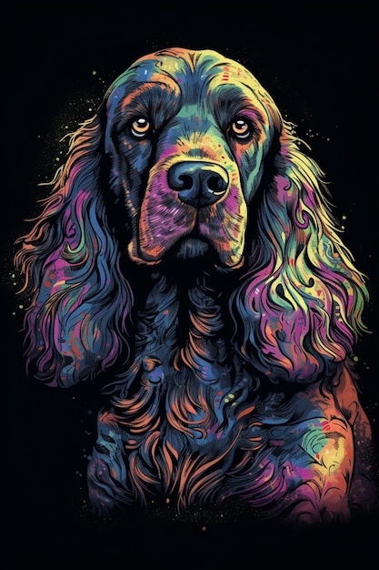 Un perro con un patrón de arcoíris en la cara.