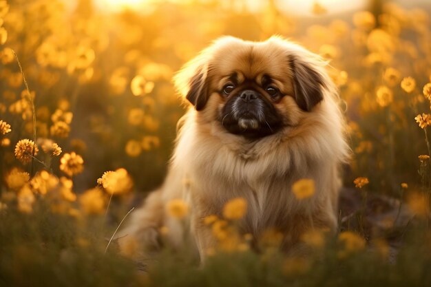 Perro pekinés sentado en un prado rodeado de vibrantes flores silvestres y hierba en un día soleado generado por ai