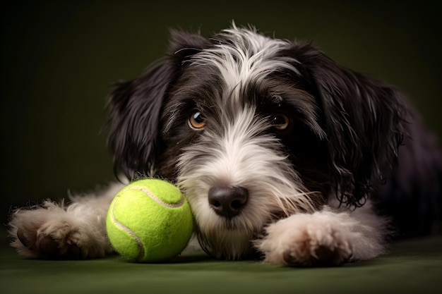 Perro de pelo de alambre blanco y negro con una pelota de tenis