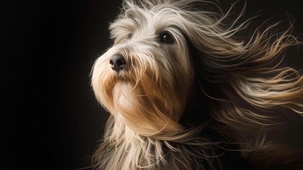 Un perro con pelo largo abrigo de perro en fondo oscuro