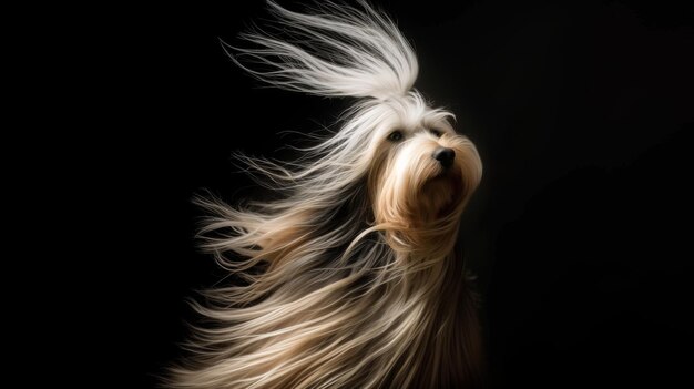 Un perro con pelo largo abrigo de perro en fondo oscuro