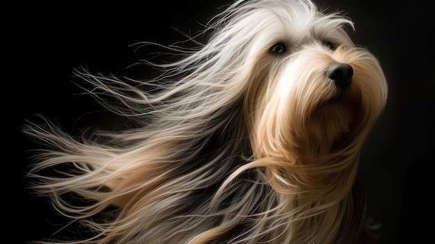 Un perro con pelo largo abrigo de perro en fondo oscuro