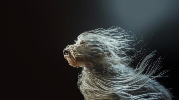 Un perro con pelo largo abrigo de perro en fondo oscuro