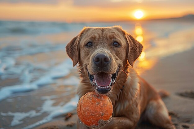 Foto un perro con una pelota en la arena con el sol detrás de él