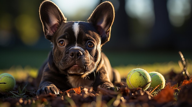 Foto perro con pelota en el césped verde