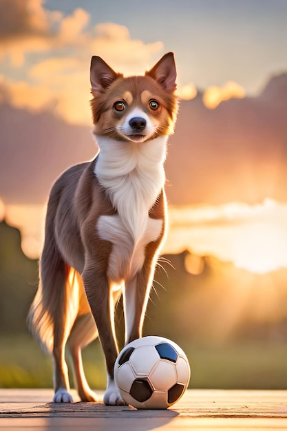 Un perro con una pelota de fútbol frente a una puesta de sol.