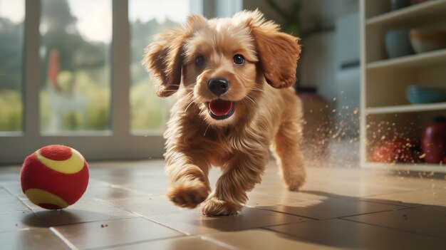 Perro hacia la pelota en el suelo