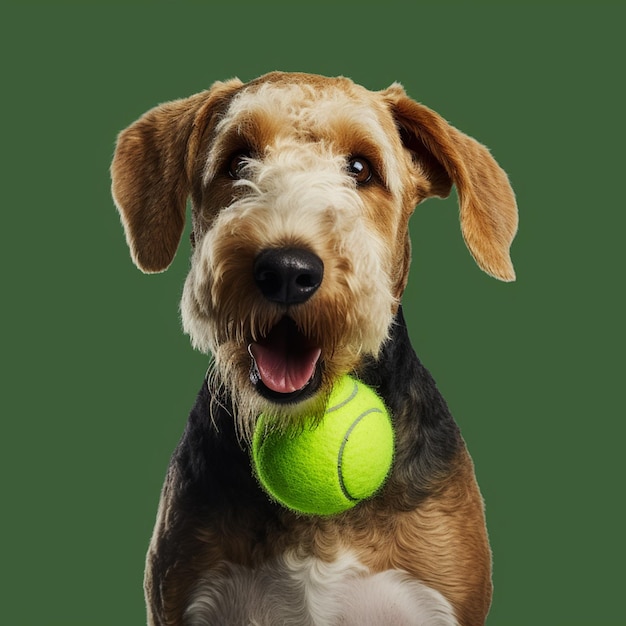 Un perro con una pelota de tenis en la boca.